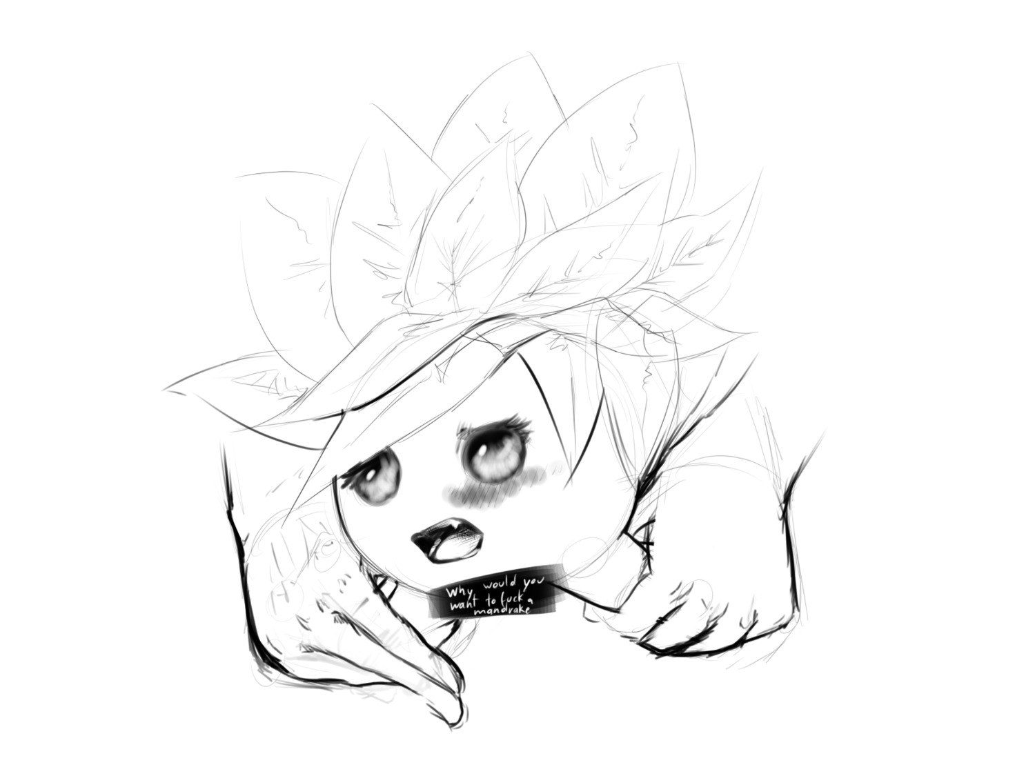 4:3 blush censored digital_drawing_(artwork) digital_media_(artwork) disembodied_hand duo e621 elemental_creature english_text female flora_fauna generation_1_pokemon hi_res human interspecies mammal monochrome nintendo not_furry oddish plant plantpenetrator pokemon pokemon_(species) pokephilia text waddling_head