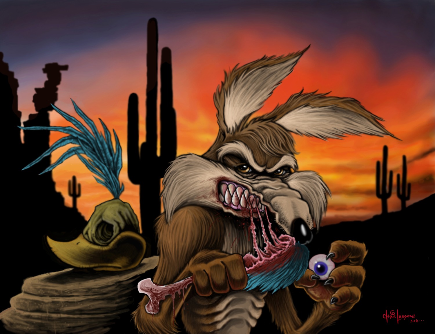 absurd_res anthro avian beak bird blood bodily_fluids bone canid canine canis claws coyote cuculiform death e621 eyeball gore greater_roadrunner hi_res labrenzink looney_tunes male male_pred male_prey mammal new_world_ground_cuckoo road_runner_(looney_tunes) roadrunner solo teeth vore warner_brothers wile_e._coyote