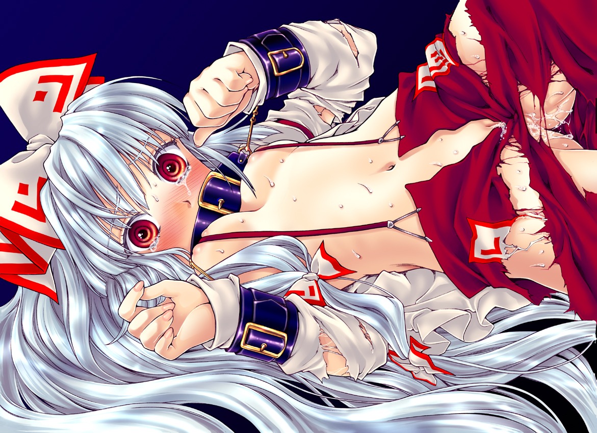 1girls areolae bondage breasts collar female fujiwara_no_mokou hair_ribbon long_hair pussy pussy_juice red_eyes ribbon rule34 silver_hair solo suspenders tears torn_clothes touhou yukarigawa_yumiya