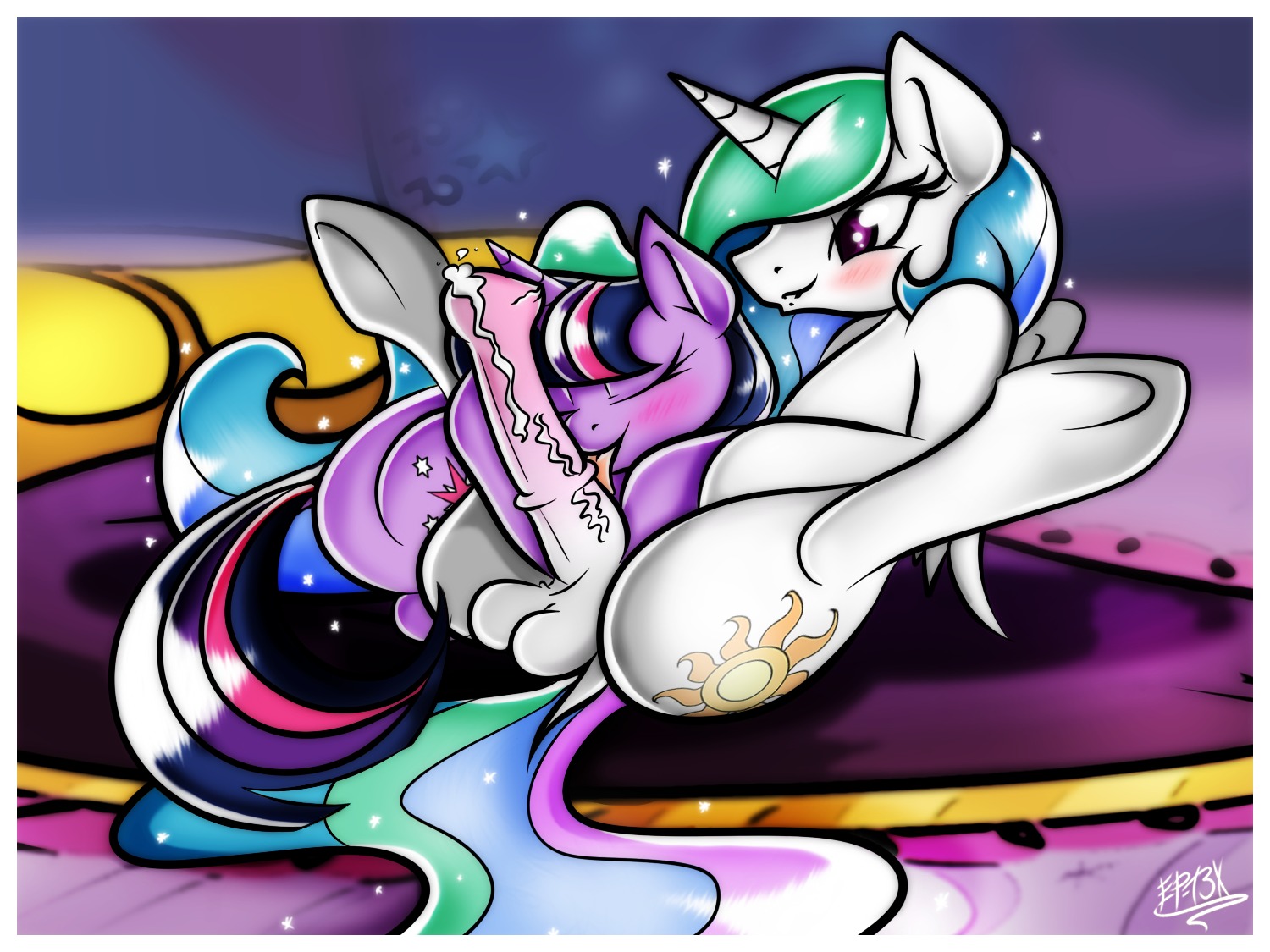 2013 4:3 animal_genitalia animal_penis balls blush bodily_fluids cum cutie_mark digital_media_(artwork) duo e621 equid equine equine_genitalia equine_penis erection eyes_closed feathered_wings feathers female feral friendship_is_magic fur genital_fluids genitals gynomorph gynomorph/female hair hasbro horn intersex intersex/female koffeekuma licking mammal multicolored_hair my_little_pony mythological_creature mythological_equine mythology oral penile penis penis_lick princess_celestia_(mlp) purple_body purple_eyes purple_fur purple_hair sex spread_legs spreading tongue tongue_out twilight_sparkle_(mlp) two_tone_hair unicorn vein white_body white_feathers white_fur winged_unicorn wings