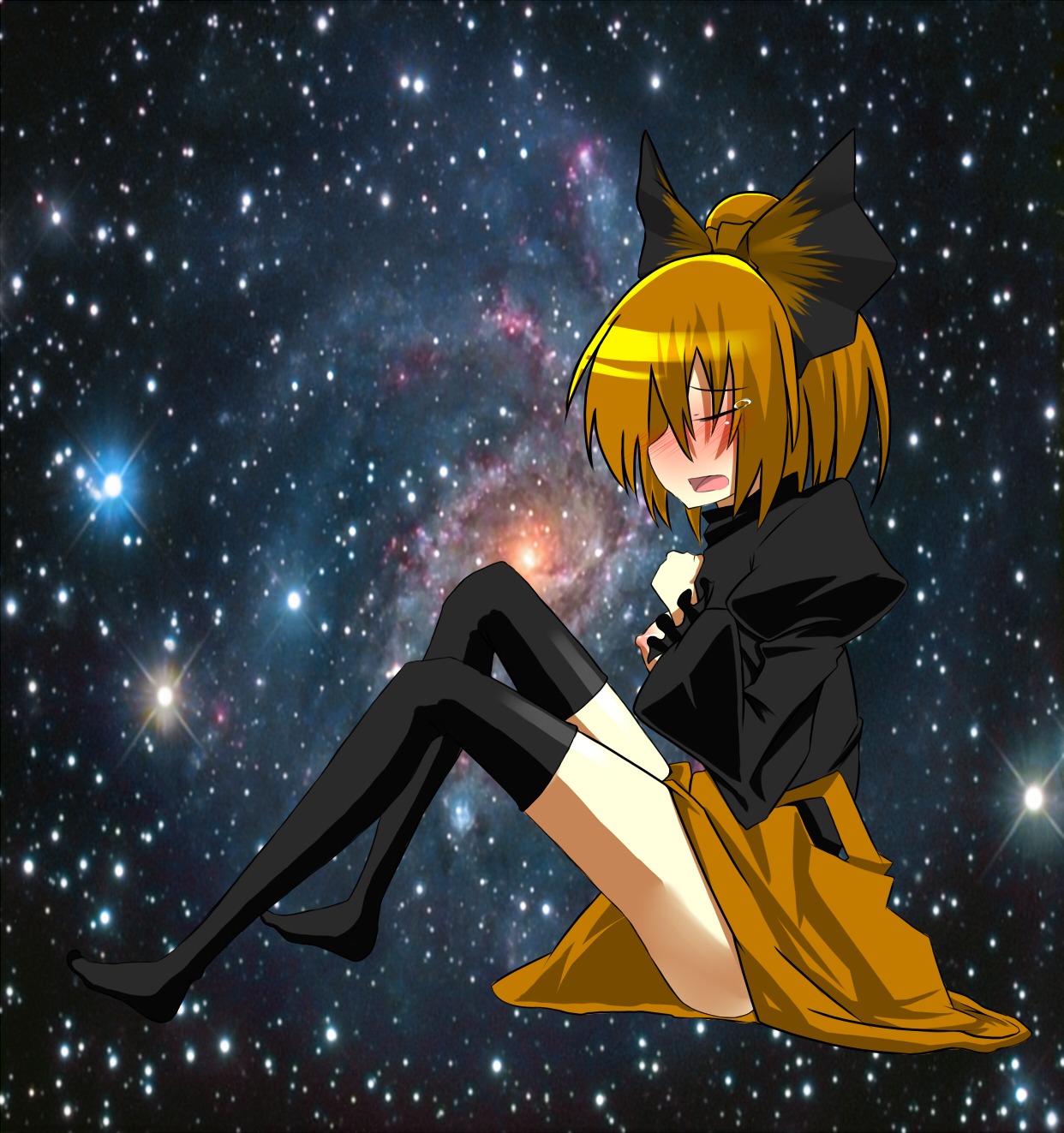 1girls areolae blonde blonde_hair blush breasts dress eyebrows_visible_through_hair female long_sleeves nipples no_humans rule34 sitting space tagme team_shanghai_alice tear thighhighs touhou yamame_kurodani yellow_eyes youkai