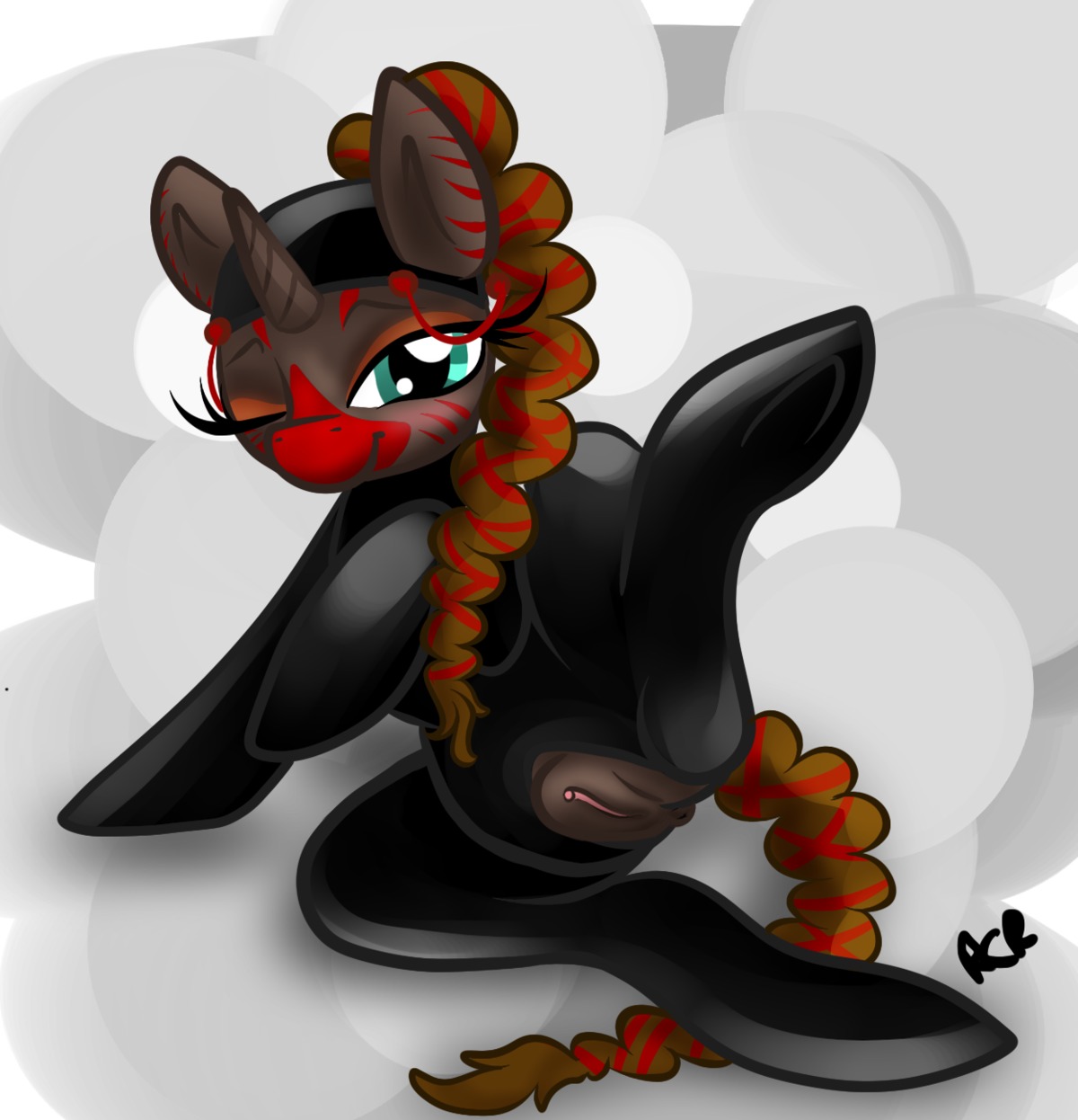 e621 equid equine fan_character female feral genitals hasbro hi_res horn latex looking_at_viewer mammal my_little_pony mythological_creature mythological_equine mythology rawrcharlierawr simple_background smile solo tail unicorn vulva