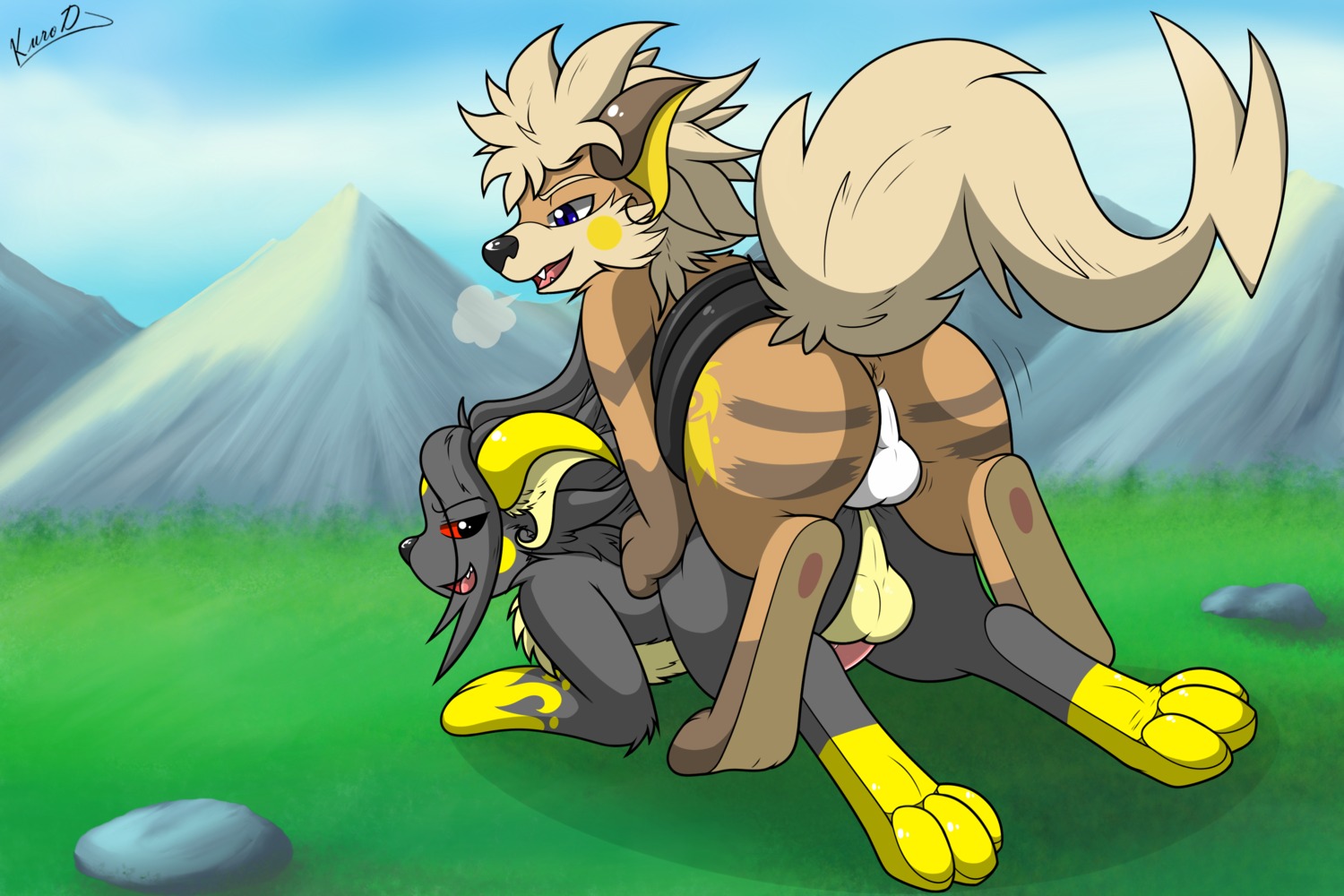 2014 3:2 alternate_color anal anal_penetration anus arcanine backsack balls breath canid canine duo e621 erection fan_character feral from_behind_position generation_1_pokemon genitals growlchu growlithe hair hi_res hybrid interspecies kuroodod kuroodod_(character) male male/male male_penetrated male_penetrating male_penetrating_male mammal nintendo nude open_mouth outside penetration penis pokemon pokemon_(species) raichu rodent sex teeth