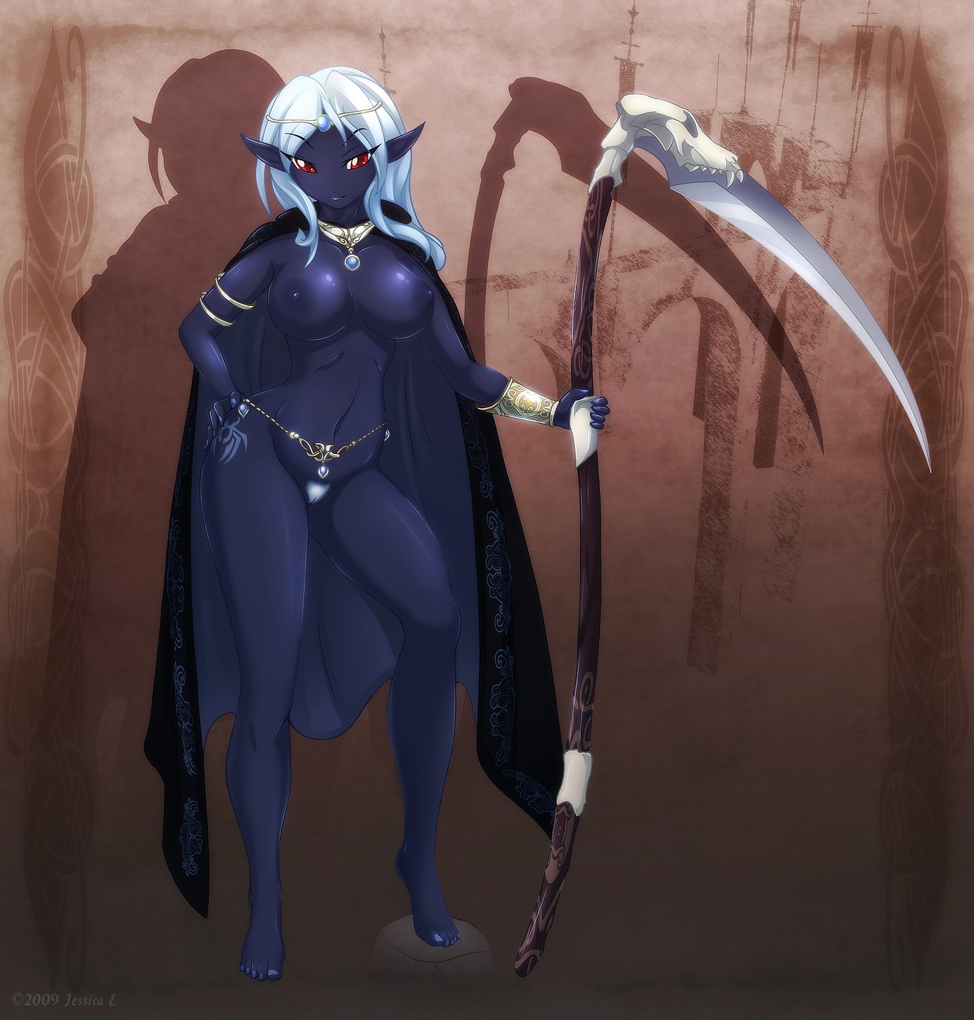 2010 armband armor barefoot black_body black_nipples black_skin blizzard_entertainment breasts cape cape_only cloak clothing colored_nails convincing_weapon drow e621 elf eyebrows eyelashes feet female gem genitals hair hand_on_hip hi_res holding_object holding_weapon humanoid humanoid_feet humanoid_hands humanoid_pointy_ears jewelry long_hair long_legs looking_at_viewer matypup melee_weapon mostly_nude nails navel necklace night_elf nipples not_furry nude plantigrade pointy_ears polearm pubes red_eyes sapphire_(gem) scythe silver_(metal) silver_jewelry simple_background slim smile solo standing unconvincing_armor vulva warcraft warrior weapon white_hair wide_hips