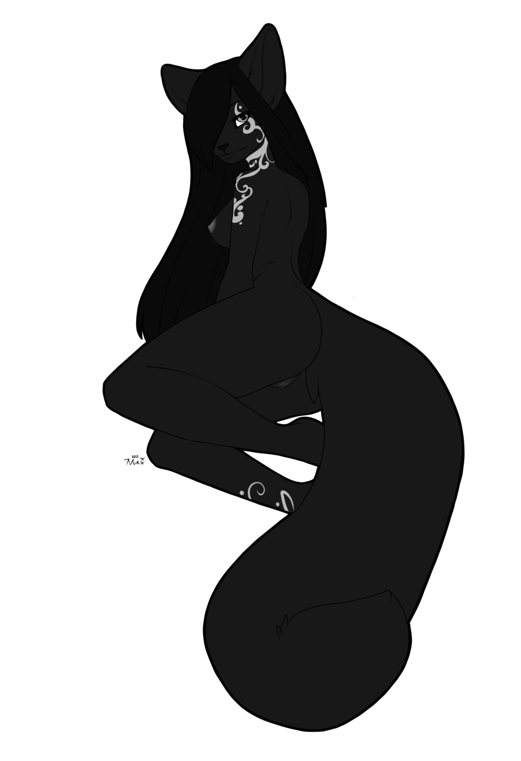 absurd_res anthro black_body black_fur breasts e621 felid female fur genitals hair hair_over_eye hi_res looking_at_viewer mammal monochrome nude one_eye_obstructed pinup pose reina. side_boob simple_background solo tail tattoo vulva white_background