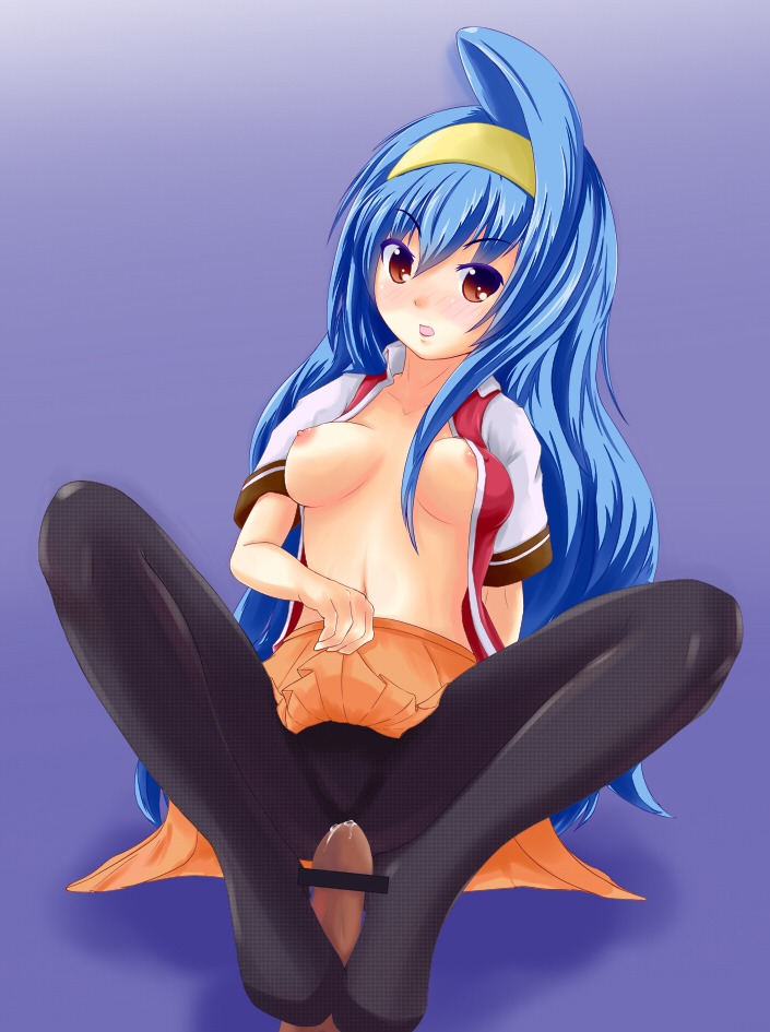 arcana_heart big_breasts blue_hair blush breasts censored feet female footjob large_breasts long_hair male nipples pantyhose penis rule34 school_uniform tsuzura_saki