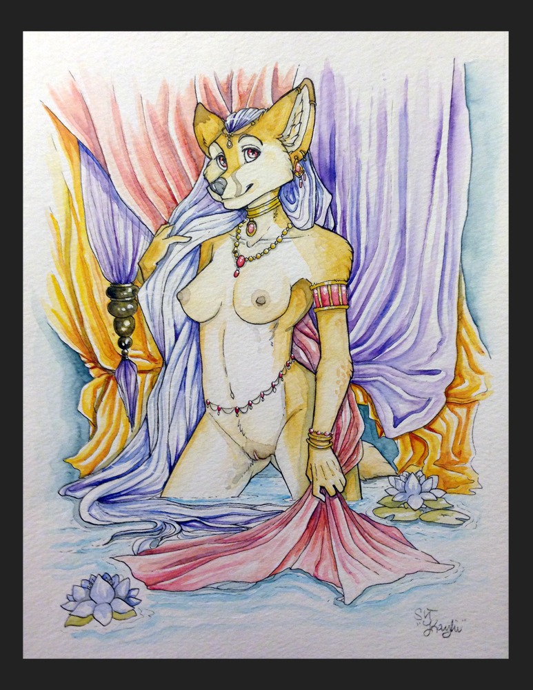 anthro biped black_border border bracelet breasts canid canine curtains e621 ear_piercing female fennec_fox flower fox fur genitals gold_(metal) gold_jewelry hair harem_jewelry harem_outfit jewelry kaylii looking_at_viewer mammal necklace nipples nude piercing plant red_eyes robyn_(kaylii) smile solo standing true_fox vulva water water_lily white_hair