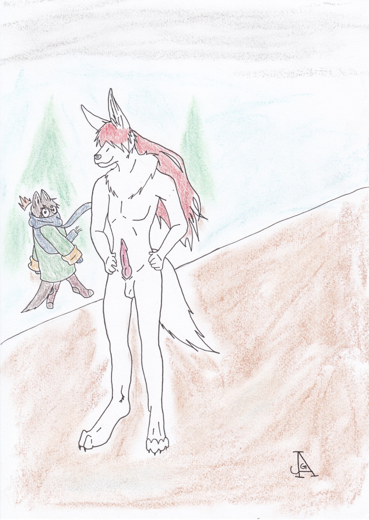 absurd_res anthro canid canine crayon_(artwork) duo e621 erection genitals hi_res jag_(artist) lagomorph leporid male mammal mixed_media nude pastel_(artwork) pen_(artwork) penis rabbit rox tail traditional_media_(artwork) winter