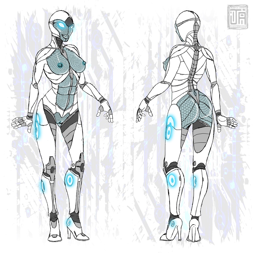 android e621 female futuristic genitals glowing glowing_eyes janner3d machine model_sheet multiple_angles nipples not_furry robot robotic robotic_spine science_fiction solo synthetic_muscles vulva