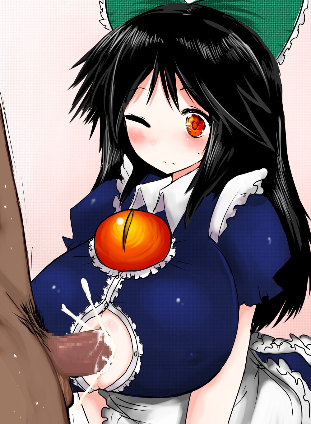 3_eyes alternate_costume black_hair breasts censored cleavage cum cum_on_body cum_on_breasts cum_on_upper_body dark-skinned_male dark_skin female hair_ornament han64 han_(jackpot) highres huge_breasts long_hair maid male multi_eye paizuri paizuri_under_clothes penis perpendicular_paizuri red_eyes rule34 touhou utsuho_reiuji