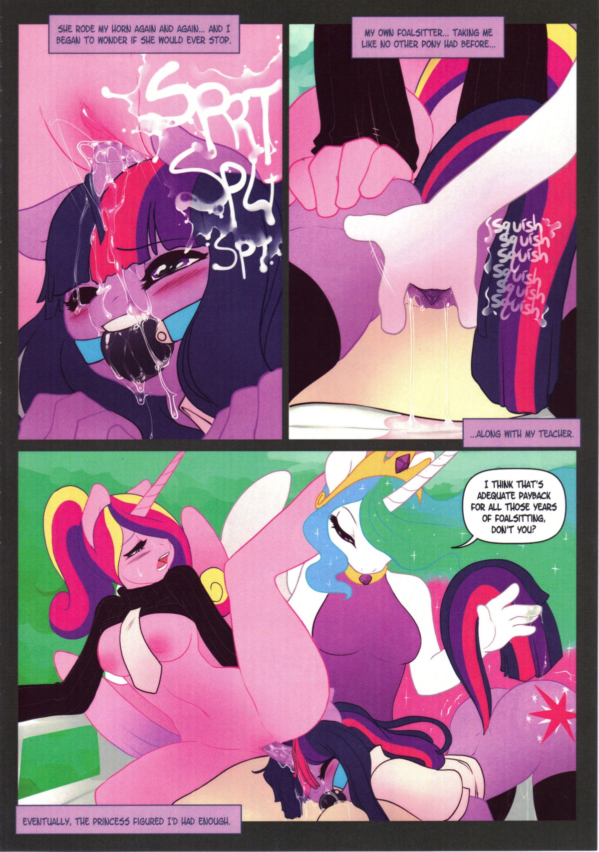 2012 absurd_res anthro anthrofied ball_gag blush bodily_fluids clothing comic cutie_mark e621 ejaculation english_text equid equine feathered_wings feathers female female/female fingering forced friendship_is_magic fur gag gagged genital_fluids genitals group hair hasbro hi_res hoof_beat horn horn_fetish horn_in_pussy horn_penetration horn_play horn_sex leche mammal multicolored_hair my_little_pony mythological_creature mythological_equine mythology orgasm outside penetration pink_body pink_feathers princess princess_cadance_(mlp) princess_celestia_(mlp) pseudo_incest_(lore) purple_body purple_eyes purple_fur purple_hair royalty sex tail text twilight_sparkle_(mlp) two_tone_hair unicorn vaginal vaginal_fluids vaginal_penetration vaginal_squirting vulva white_body white_feathers winged_unicorn wings