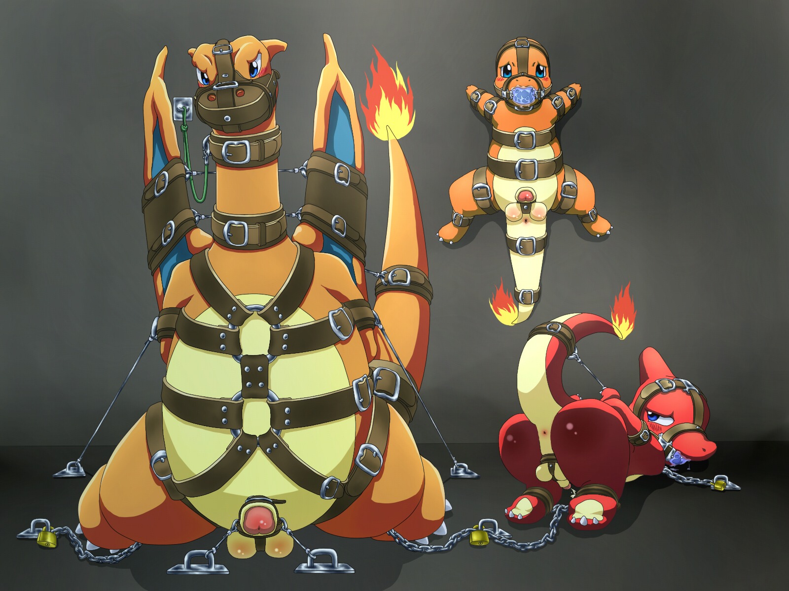 4:3 anus ball_gag ball_ring balls bdsm bondage bound charizard charmander charmeleon devilheart dragon e621 evolutionary_family fire flaming_tail gag gagged generation_1_pokemon genitals group halter harness harness_ball_gag harness_gag hi_res male membrane_(anatomy) membranous_wings muzzle_(object) muzzled mythological_creature mythological_scalie mythology nintendo orange_body orange_skin penis pokemon pokemon_(species) scalie tail wings