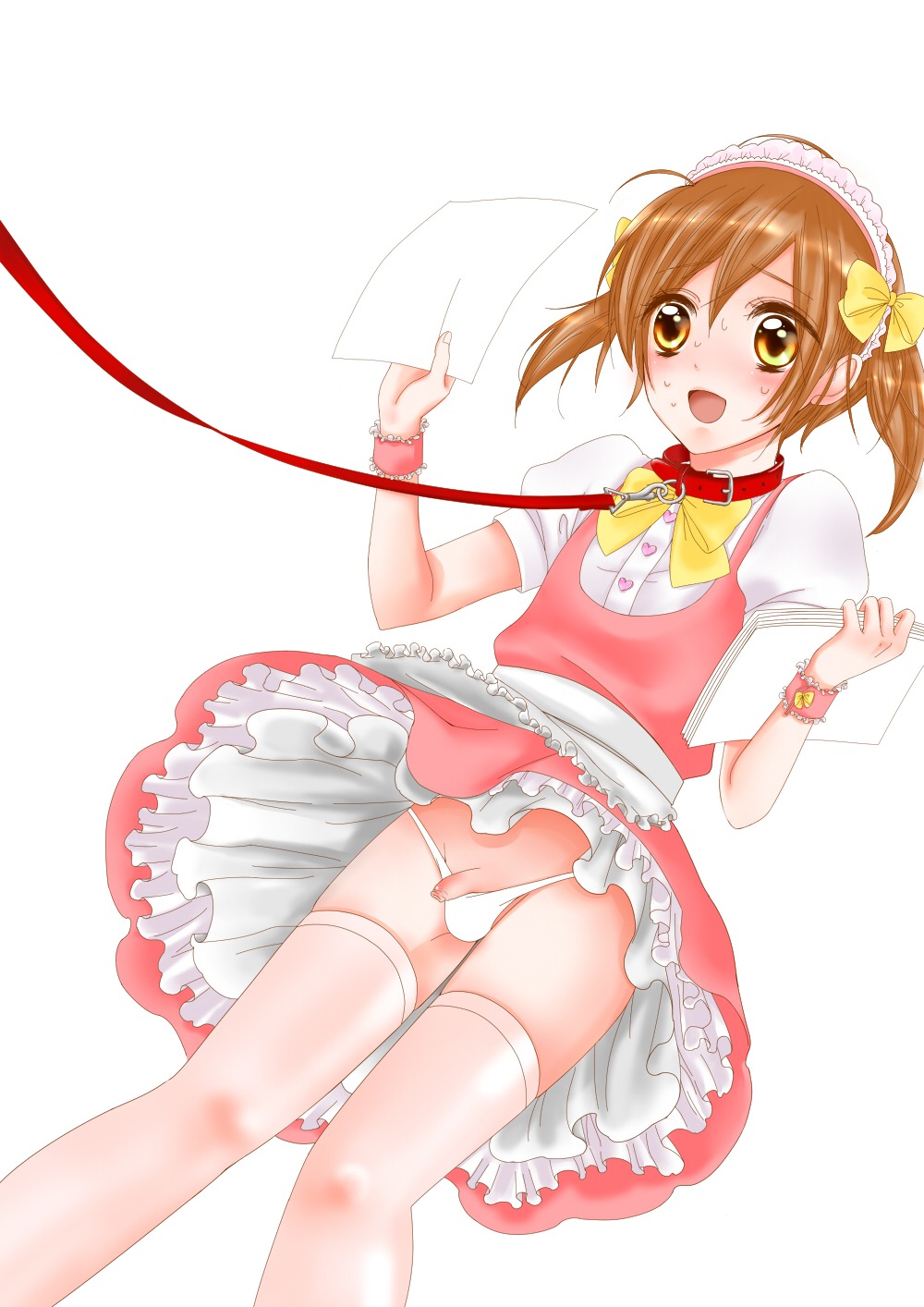 blush brown_eyes brown_hair collar crossdressing dress leash male panties penis penis_in_panties rule34 thighhighs tied_hair trap twintails
