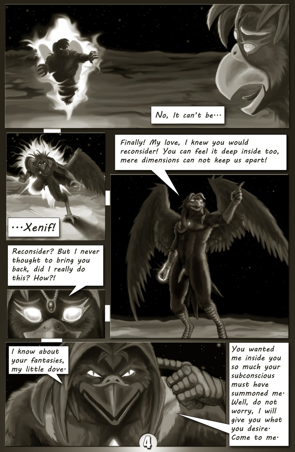 african_mythology avian comic dialogue duo e621 egyptian_mythology english_text european_mythology extinctioners feathered_wings feathers female genitals greek_mythology half-erect hi_res male middle_eastern_mythology monochrome mythological_avian mythological_bird mythological_creature mythological_firebird mythology nude penis phenix phoenix portal sinon_(artist) space summoning text wings xenif_(character)