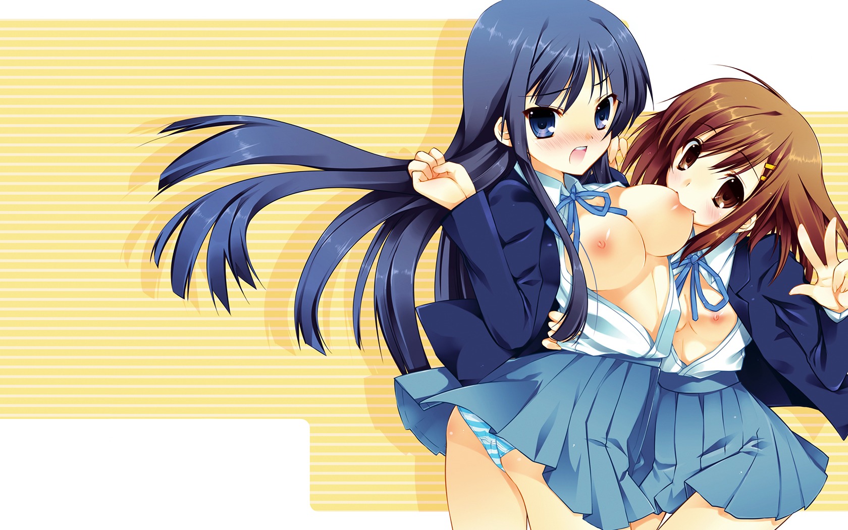 2girls breasts female female_only human human_only k-on! mio_akiyama_(k-on!) multiple_females multiple_girls nipples open_clothes open_shirt panties rule34 seifuku shirt striped striped_panties underwear yui_hirasawa_(k-on!) yuri