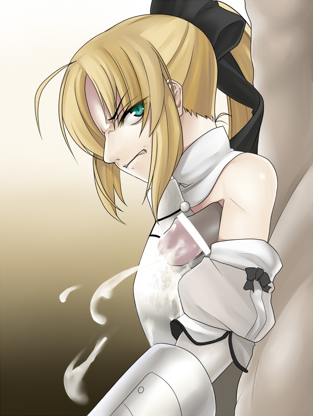 ahoge angry armor armored_dress armpit_sex artoria_pendragon artoria_pendragon_(lily) bar_censor blonde_hair breastplate censored clothed_female_nude_male cum cum_on_body cum_on_upper_body detached_sleeves fate/grand_order fate/unlimited_codes fate_(series) female gauntlets green_eyes hair_ribbon kazami_tomo long_hair male outercourse penis ponytail ribbon rule34 solo tied_hair