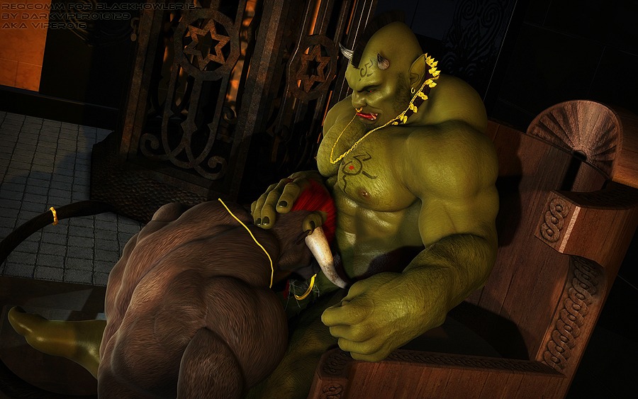 3d_(artwork) abs balls biceps big_muscles black_hair bodily_fluids bovid bovine brown_body brown_fur cattle chair collar darkviperbara digital_media_(artwork) duo e621 ear_piercing erection facial_piercing feet fellatio fur furniture genitals green_body green_skin hair hairy head_in_crotch horn humanoid humanoid_feet humanoid_pointy_ears interspecies jewelry kaiger kneeling male male/male male_penetrated male_penetrating male_penetrating_male mammal muscular muscular_male necklace nipples nose_piercing nose_ring nude oral oral_penetration orc pecs penetration penile penis piercing plantigrade pointy_ears red_hair ring_piercing saliva septum_piercing sex sitting spiked_collar spikes sucked_silly sucking tattoo throne tusks