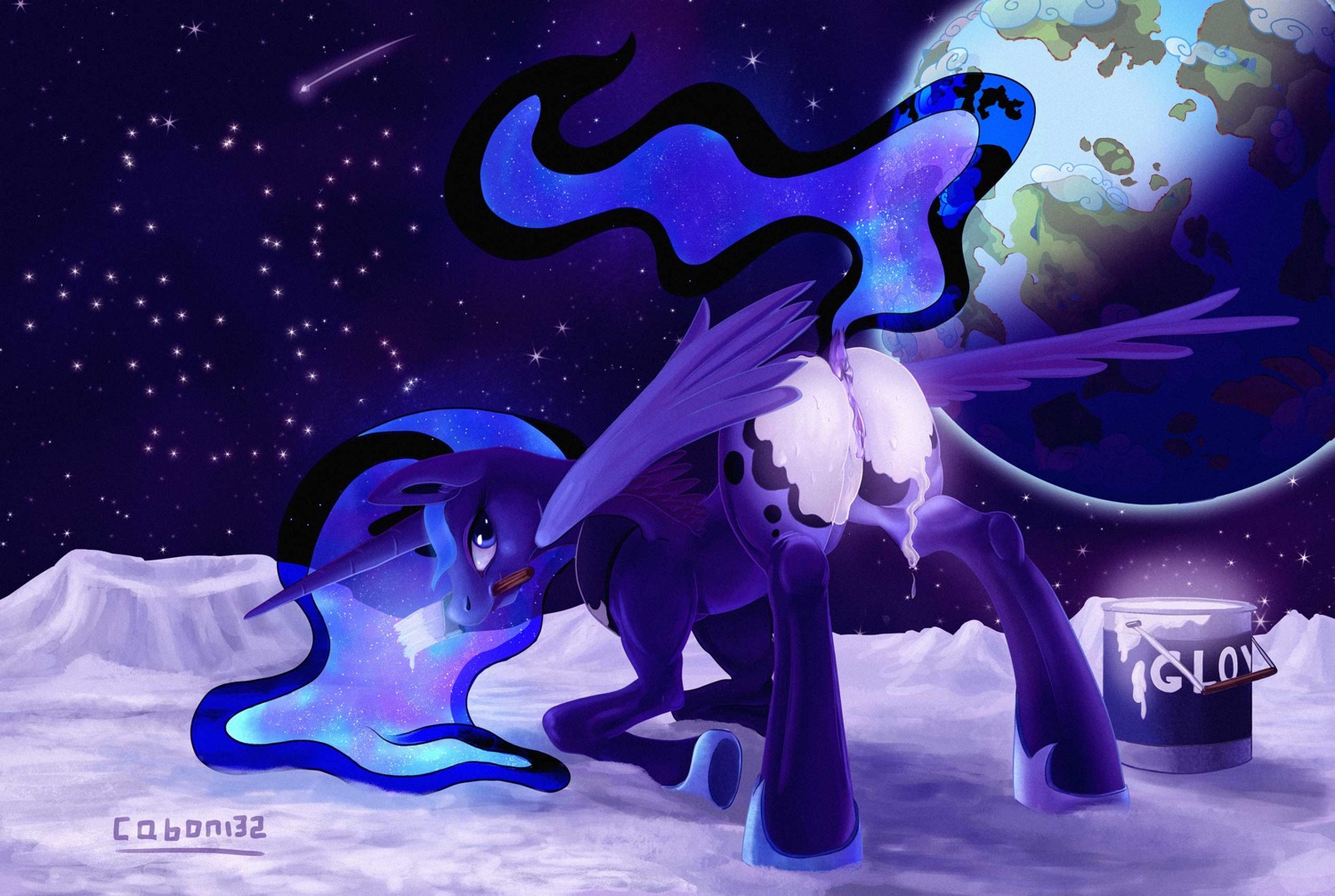 2013 anus ass_up bent_over blue_body blue_eyes blue_feathers bodypaint brush butt caboni32 clothing detailed detailed_background digital_media_(artwork) digital_painting_(artwork) e621 earth english_text equid equine feathered_wings feathers female feral footwear friendship_is_magic fur genitals glowing hair hasbro hi_res hooves horn humor looking_at_viewer looking_back mammal moon mooning mouth_hold my_little_pony mythological_creature mythological_equine mythology night on_the_moon outside paint paintbrush painting_(artwork) planet presenting presenting_hindquarters princess_luna_(mlp) pun purple_body purple_fur quadruped shoes shooting_star signature sky snow solo space star starry_sky tail text translucent translucent_hair visual_pun vulva winged_unicorn wings