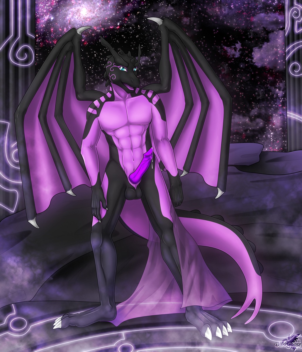 2011 abs anthro balls biceps black_body blue_eyes bodily_fluids darkgoose dragon e621 erection genital_fluids genitals hi_res looking_at_viewer male membrane_(anatomy) membranous_wings muscular muscular_anthro muscular_male mythological_creature mythological_scalie mythology non-mammal_balls pecs penis pink_body precum purple_penis scales scalie solo tail wings xeraidas
