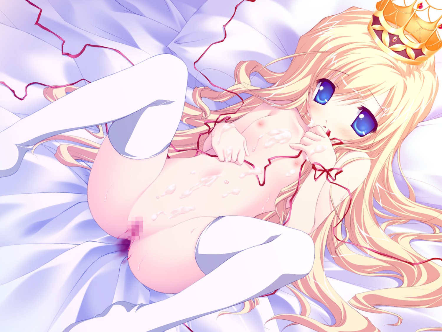 1girls arietta_(lyrical_lyric) blonde_hair blue_eyes censored chikotam crown cum cum_on_body female game_cg highres long_hair lyrical_lyric mosaic_censoring nipples nude pussy ribbon rule34 solo thighhighs