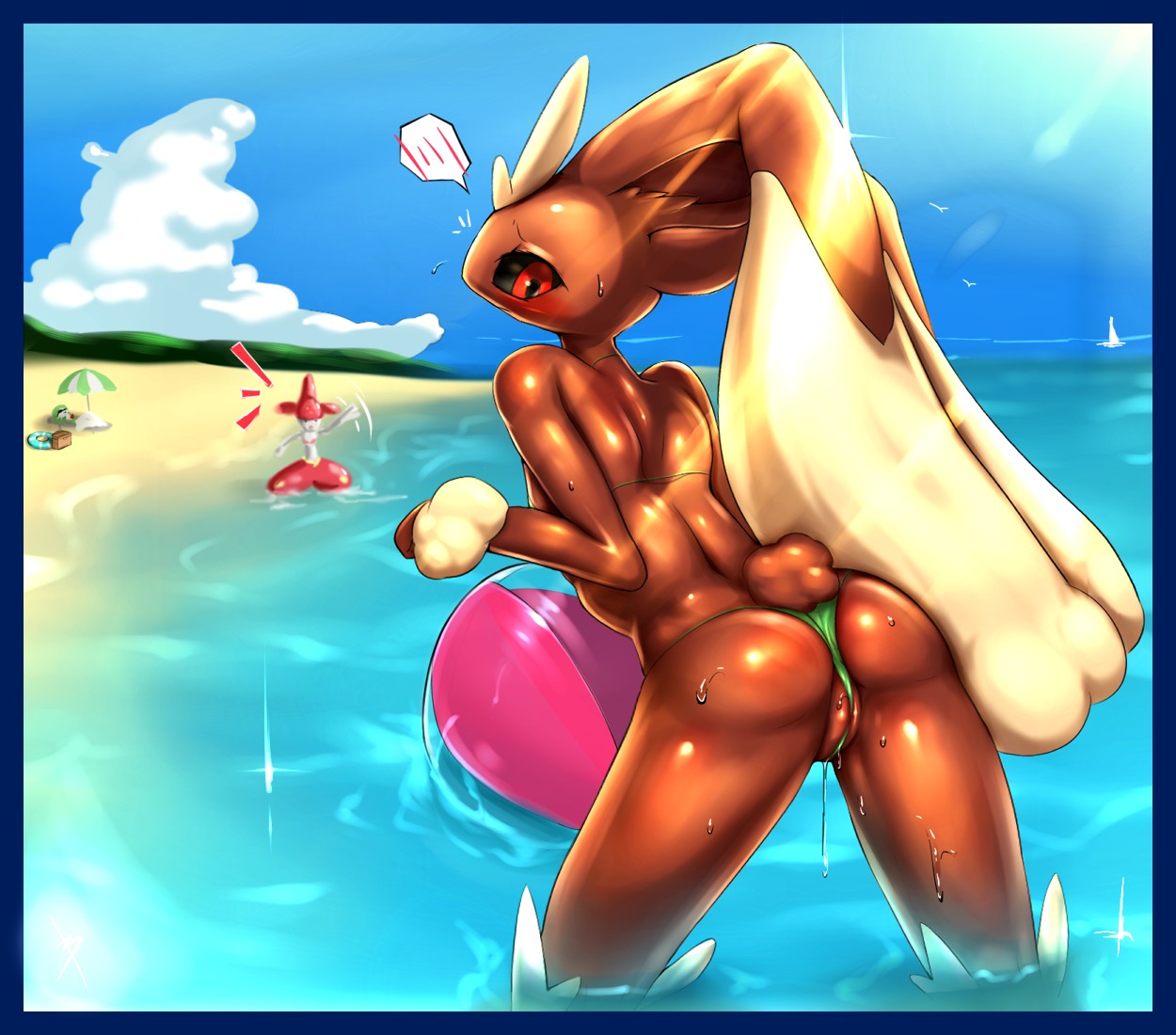 anthro anthro_focus ball bamia beach beach_ball beach_umbrella bent_over big_ears bikini black_sclera blue_sky blush bodily_fluids breasts brown_body brown_fur butt clothing cloud detailed_background digital_media_(artwork) e621 embarrassed exposed female fur gardevoir generation_3_pokemon generation_4_pokemon genital_fluids genitals glistening group inflatable lagomorph legs_in_water looking_back lopunny mammal medicham nintendo outside parasol partially_submerged pokemon pokemon_(species) pool_toy pussy_floss red_eyes sand sea seaside sky small_breasts small_tail solo_focus standing standing_in_water submerged_legs summer sweat sweatdrop swimwear tail thong tight_clothing two-piece_swimsuit underwear vaginal_fluids vulva wardrobe_malfunction water wedgie wet