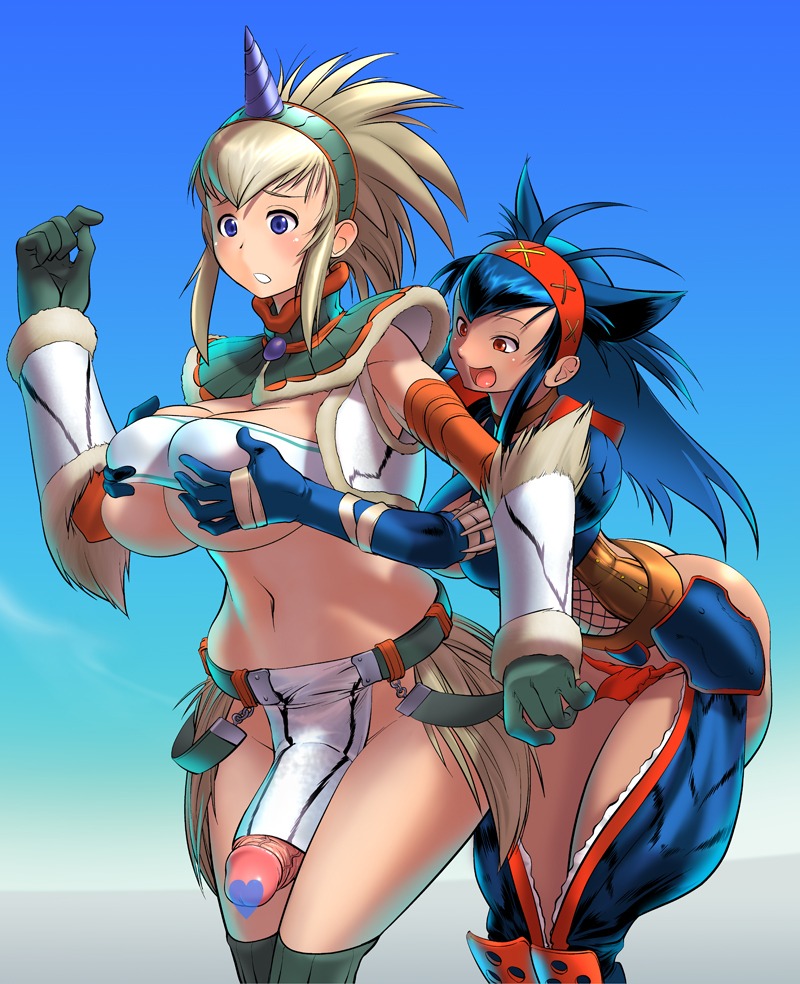 1futa 1girls animal_ear blonde_hair blue_eyes blue_hair blush bottomless_loincloth breast_grab breasts cameltail capcom censored cleavage cosine dickgirl erection erection_under_clothes erection_under_loincloth exposed exposed_penis female female_on_futa fundoshi futanari gloves hairband horns huge_breasts ineffective_clothing ineffective_loincloth intersex kirin_(armor) loincloth loincloth_lift monster_hunter nargacuga_(armor) penis penis_bulge penis_under_clothes penis_under_loincloth pointless_censoring red_eyes rule34 wide_hips