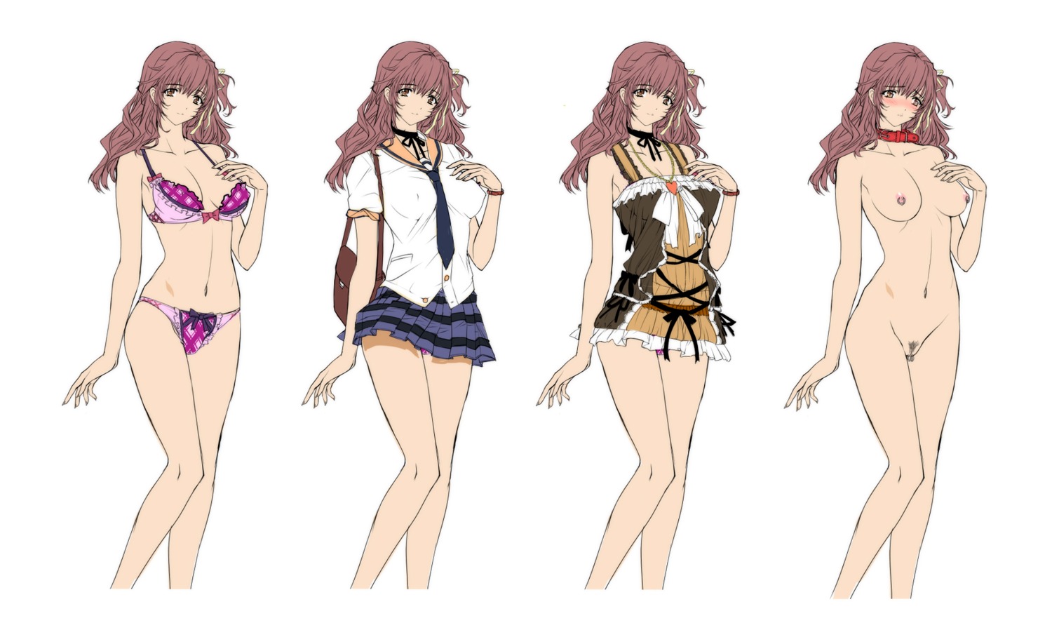 blush bondage bow_bra bow_panties bra breasts brown_eyes brown_hair choker collar dress female highres labia_piercing lingerie looking_at_viewer minidress miniskirt nipple_piercing nipple_rings nipples nude panties pendant piercing pleated_skirt pubic_hair pussy q_azieru rule34 school_uniform short_dress side_ponytail simple_background solo standing uncensored underwear white_background