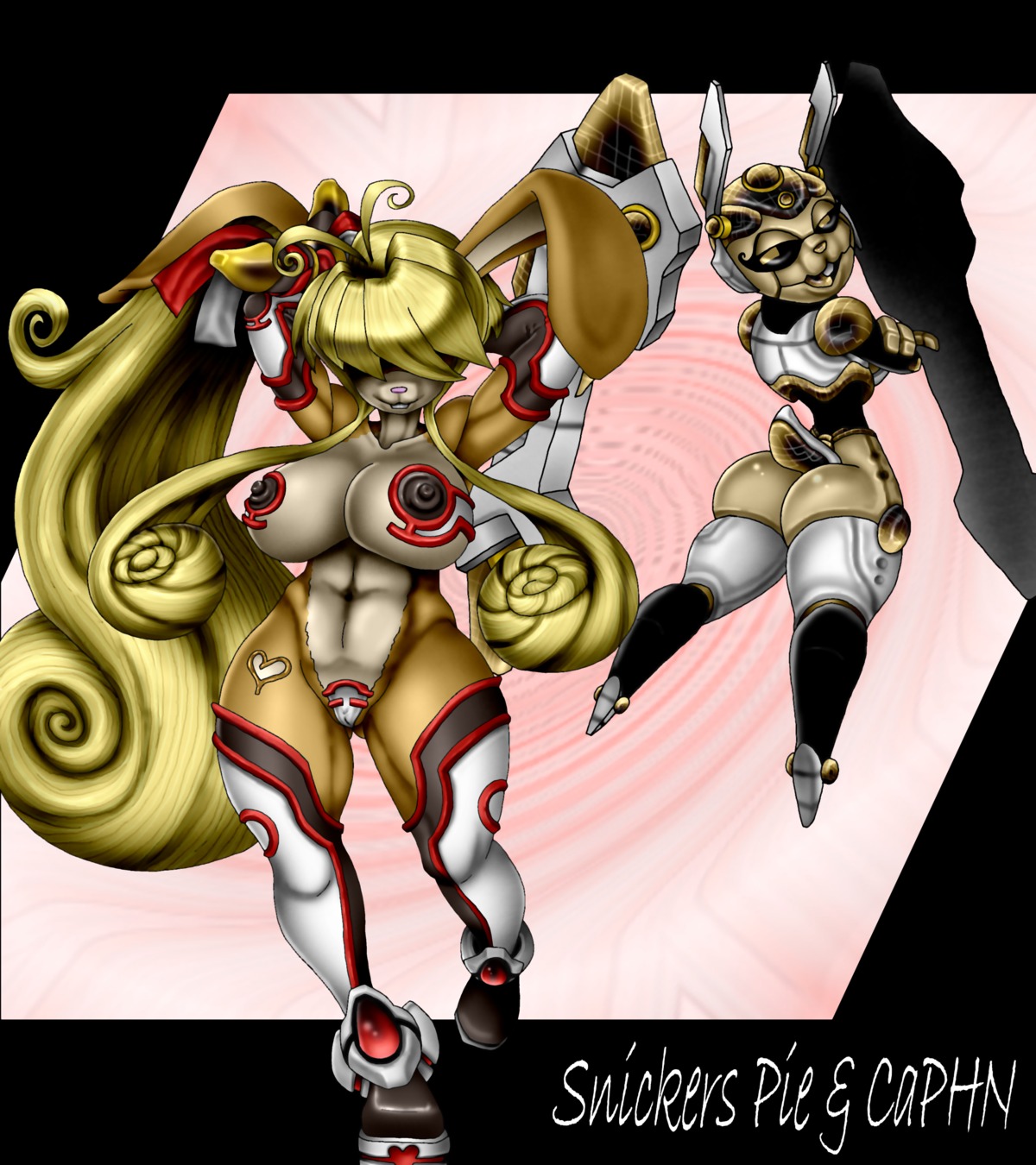 absurd_res anthro armor big_breasts boots breasts clothed clothing duo e621 female footwear genitals gysking1 hi_res lagomorph leporid machine mammal nipples rabbit robot shoes skimpy thick_thighs unconvincing_armor vulva