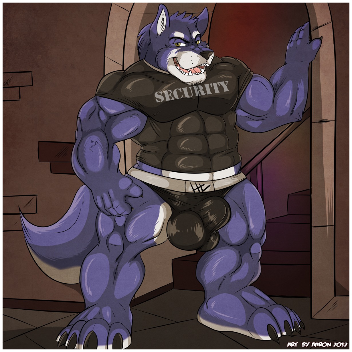 1:1 2012 aaron_(artist) abs anthro athletic barefoot biceps big_bulge big_muscles biped black_nose blue_body blue_fur border bouncer bulge canid canine canis claws clothed clothing detailed_bulge digital_media_(artwork) e621 fangs feet fur genital_outline grin hair hi_res jockstrap looking_at_viewer male mammal muscular muscular_anthro muscular_male nipples open_mouth pecs penis_outline pose security shirt smile solo stairs standing tail teeth text text_on_clothing text_on_shirt text_on_topwear toe_claws tongue topwear underwear vein white_body white_border white_fur wolf yellow_eyes