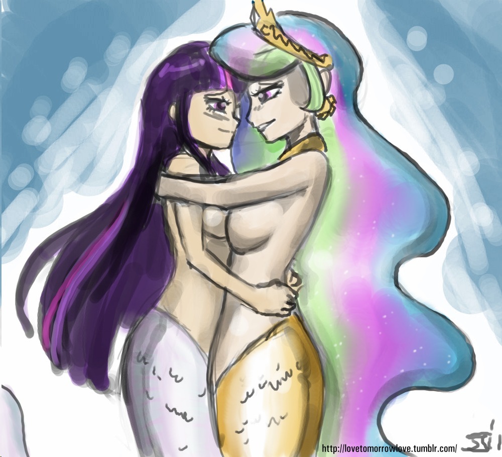 2011 2girls female female_only friendship_is_magic hasbro humanized john_joseco merfolk mermaid multiple_females my_little_pony nude princess_celestia_(mlp) rule34 smooth_skin twilight_sparkle_(mlp) underwater yuri