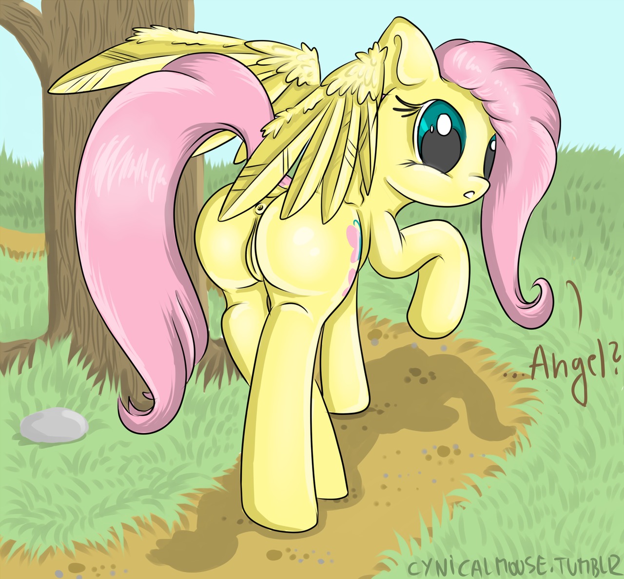 2012 anus blue_eyes cutie_mark cynicalmoose e621 english_text equid equine feathered_wings feathers female feral fluttershy_(mlp) friendship_is_magic fur genitals grass hair hasbro mammal my_little_pony mythological_creature mythological_equine mythology outside pegasus pink_hair plant quadruped sky solo tail text tree vulva wings yellow_body yellow_feathers yellow_fur