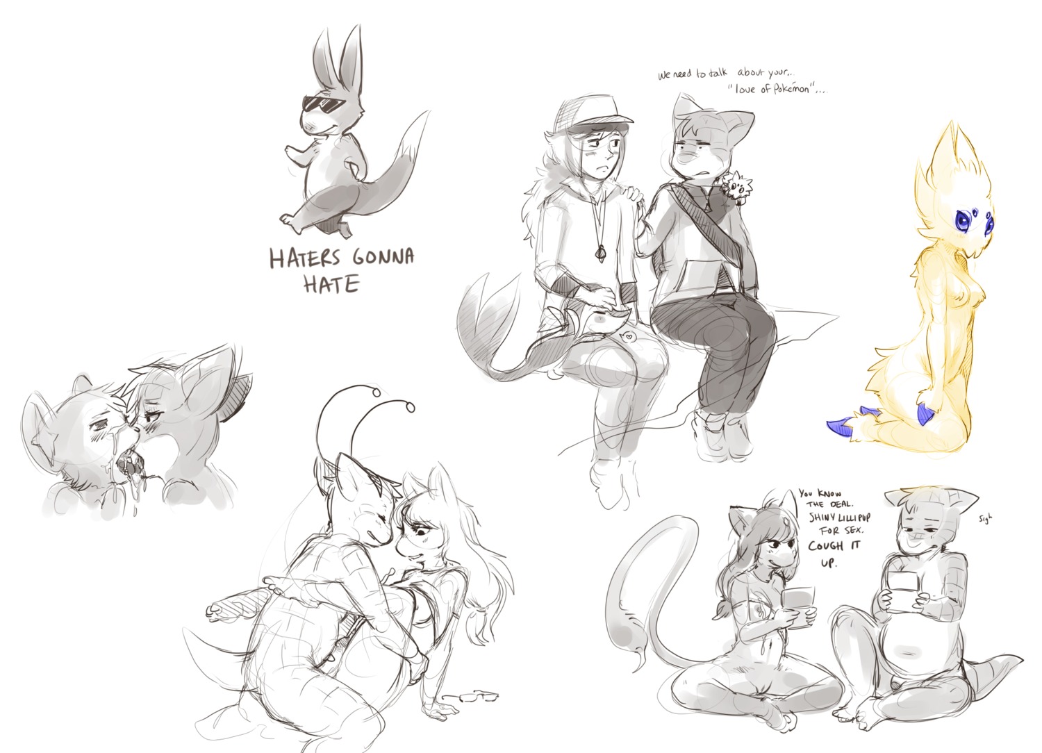 antennae blush breasts chest_tuft english_text eye_contact female heart hooves kissing looking_at_another male necklace penis pokemon pokemon_(species) purplekecleon pussy rule34 sex sketch snivy stinger straight sunglasses tail text