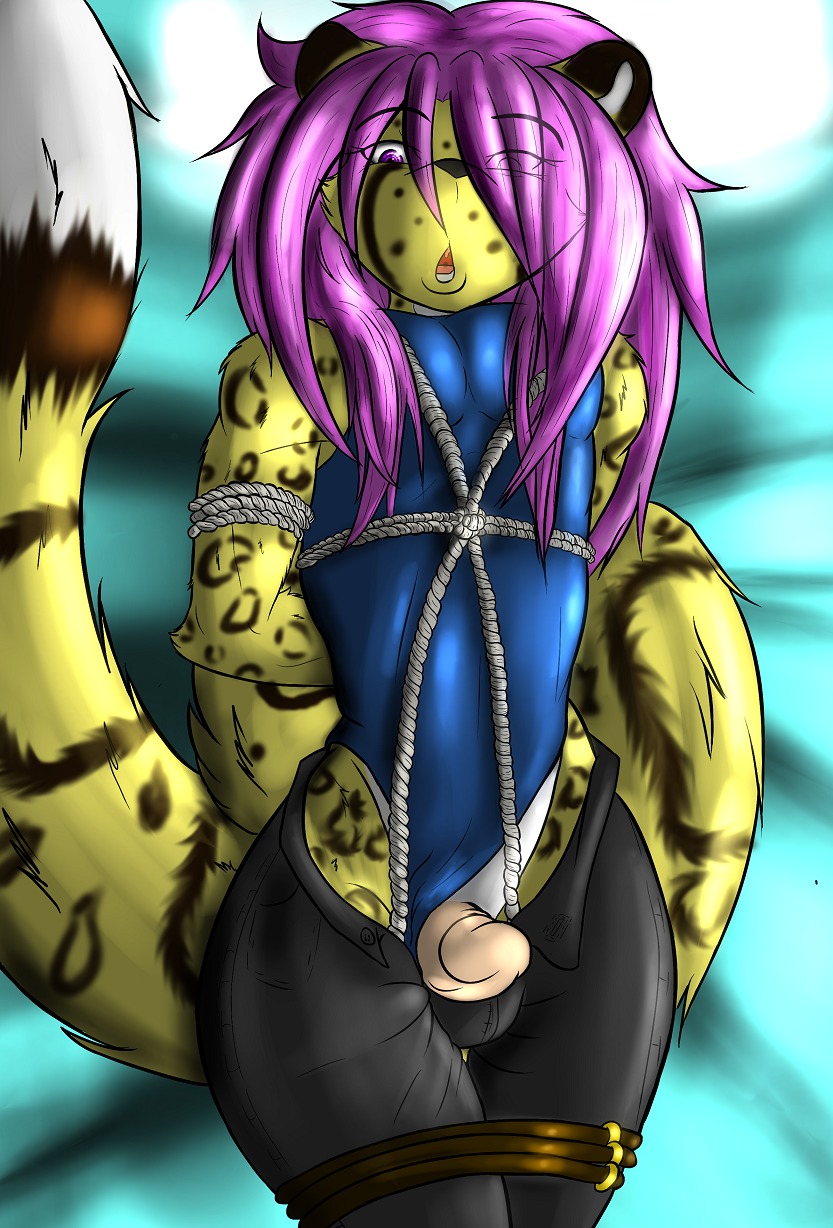 anthro bdsm bed bieesha bondage bottomwear bound cheetah clothed clothing crossdressing denim denim_bottomwear denim_clothing digital_media_(artwork) e621 erection felid feline femboy furniture genitals hair hi_res jeans leotard makarimorph male mammal open_mouth pants penis pink_eyes pink_hair rope solo submissive submissive_male swimwear wide_hips