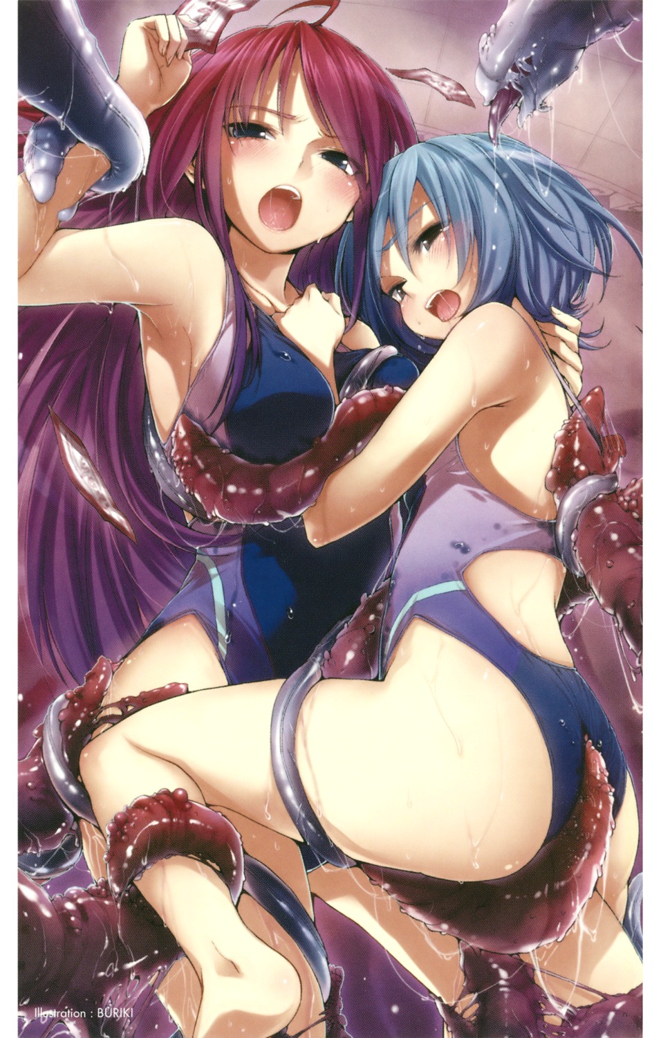 2girls ahoge armpits ass barefoot blush breasts buriki competition_swimsuit copyright_request female female_only highres multiple_females multiple_girls ofuda one-piece_swimsuit rule34 saliva scan swimsuit tentacle