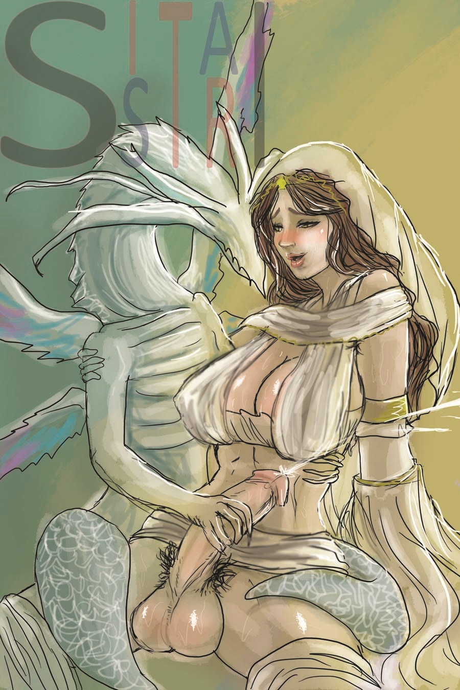 2:3 balls blush bodily_fluids breasts brown_eyes brown_hair cleavage clothed clothing cum cumshot dark_souls dragon duo e621 ejaculation erection eyeless fromsoftware genital_fluids genitals gwynevere_princess_of_sunlight gynomorph gynomorph/male hair handjob hi_res human humanoid_genitalia humanoid_penis intersex intersex/male interspecies male mammal mythological_creature mythological_scalie mythology orgasm penile penis pubes scalie seath_the_scaleless sex sistari tail