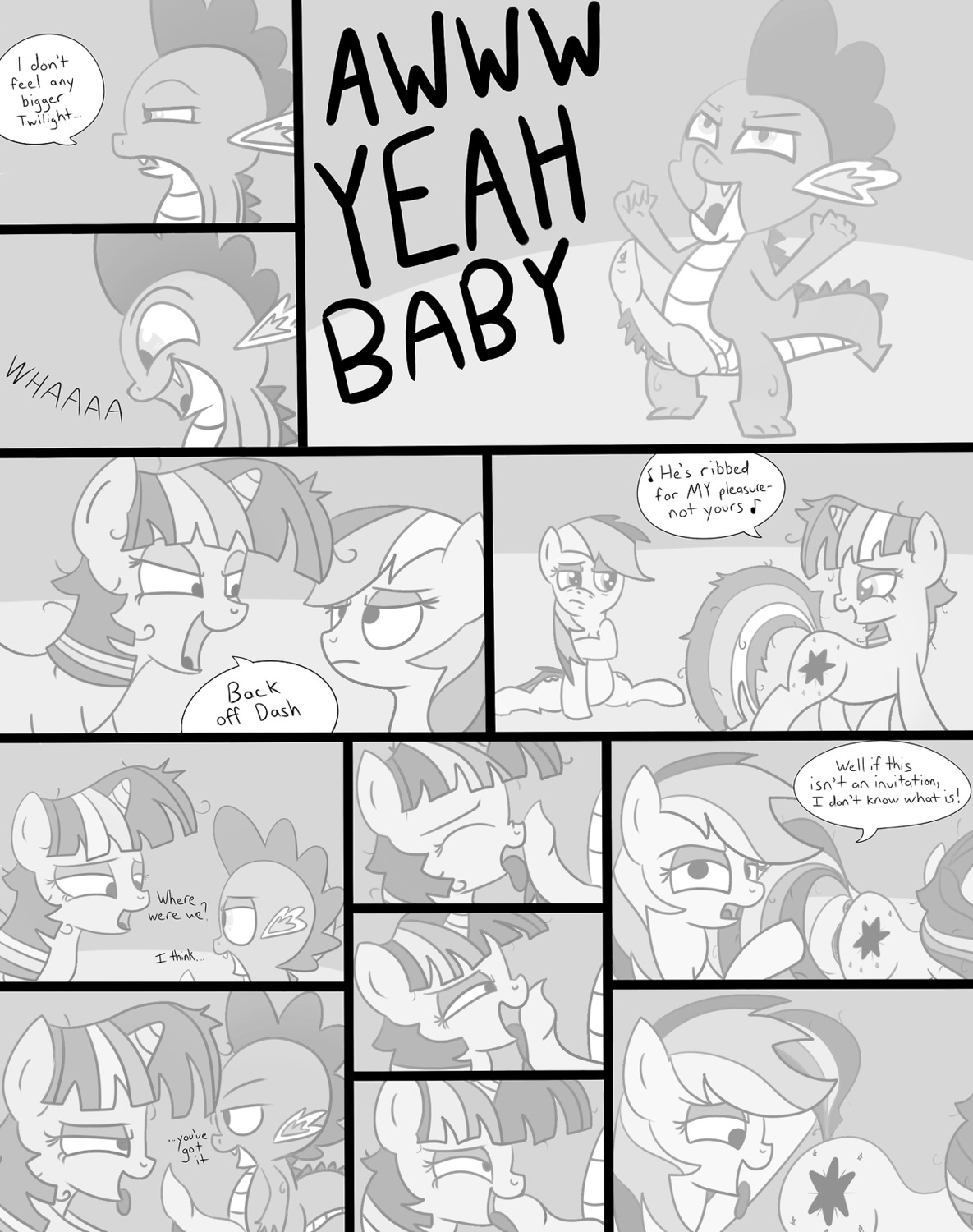 2013 anus better_version_at_source comic cutie_mark dialogue dragon e621 english_text equid equine erection fellatio female female/female feral friendship_is_magic fur genitals greyscale group hair hasbro hi_res horn horse interspecies jakejoke knot licking male male/female mammal monochrome my_little_pony mythological_creature mythological_equine mythological_scalie mythology oral penile penis penis_lick pony rainbow_dash_(mlp) raised_tail scalie sex spike_(mlp) tail text tongue tongue_out twilight_sparkle_(mlp) unicorn vulva