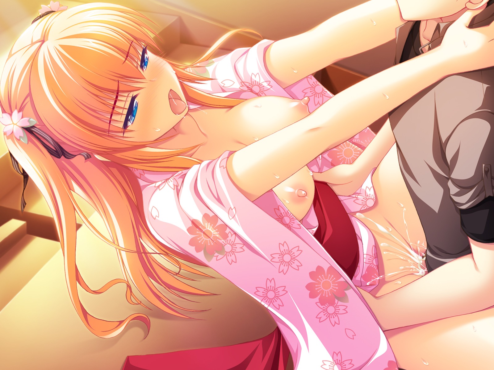 1boy 1girls asami_asami blonde_hair blue_eyes cum fake_azure_arcology female game_cg male nipples no_bra nopan open_clothes open_mouth open_shirt oppai rain_t_miraa rule34 sex shirt tongue tongue_out yukata
