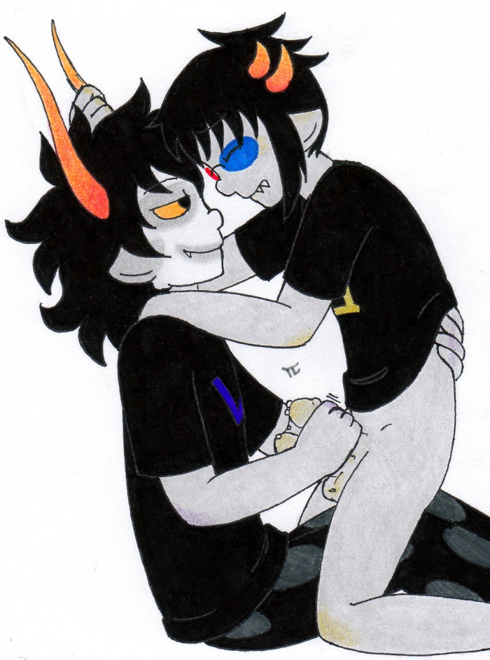 2boys balls black_hair closed_eyes clothing diphallia diphallism facepaint gamzee_makara glasses grey_skin handjob homestuck horns male male_only ms_paint_adventures multi_genitalia multi_penis pandemoniumincarnate penetration penis pointy_ears rule34 sharp_teeth short_hair smile sollux_captor source_request troll white_background yaoi yellow_eyes