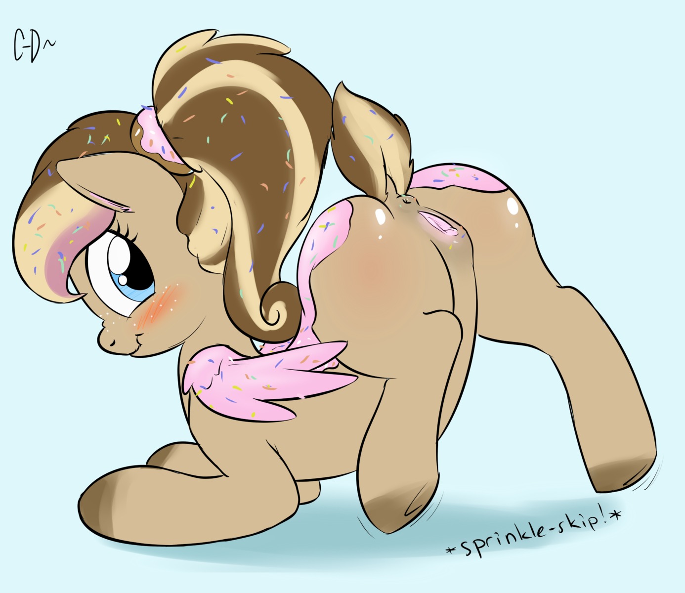 2013 anus atrolux blue_eyes blush brown_body brown_fur butt conditional_dnp digital_media_(artwork) e621 equid equine fan_character feathered_wings feathers female feral food food_creature food_hair food_pony freckles fur genitals hair hasbro hi_res hooves horn horse looking_at_viewer mammal multicolored_hair my_little_pony mythological_creature mythological_equine mythology nude pegasus pony pseudo_hair simple_background smile solo sprinkles vulva wings