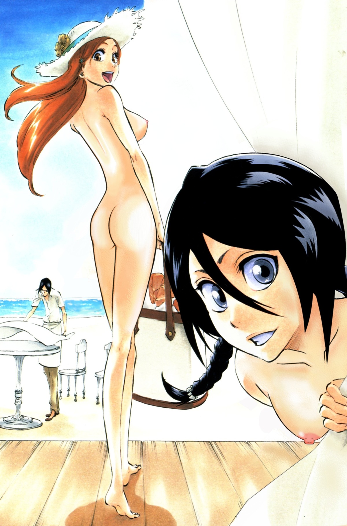 1boy 2girls artist_request ass beach black_hair bleach breasts female hat high_resolution inoue_orihime kuchiki_rukia long_hair looking_back male multiple_females multiple_girls nude nudist orange_hair photoshop rule34 smile uryu_ishida