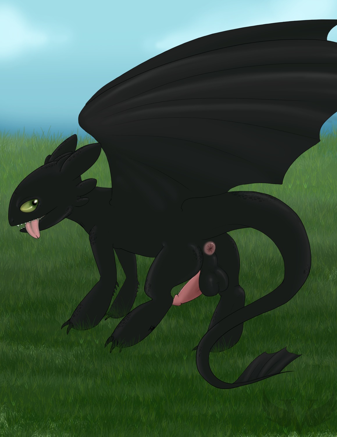 absurd_res anus backsack balls black_balls black_body black_scales butt dragon dreamworks e621 erection european_mythology feral fury_(httyd) genitals grass green_eyes hi_res how_to_train_your_dragon looking_at_viewer looking_back male membrane_(anatomy) membranous_wings mythological_creature mythological_scalie mythology night_fury non-mammal_balls open_mouth outside penis plant presenting presenting_hindquarters scales scalie sky solo tail tongue tongue_out toothless vonredwing western_dragon wings