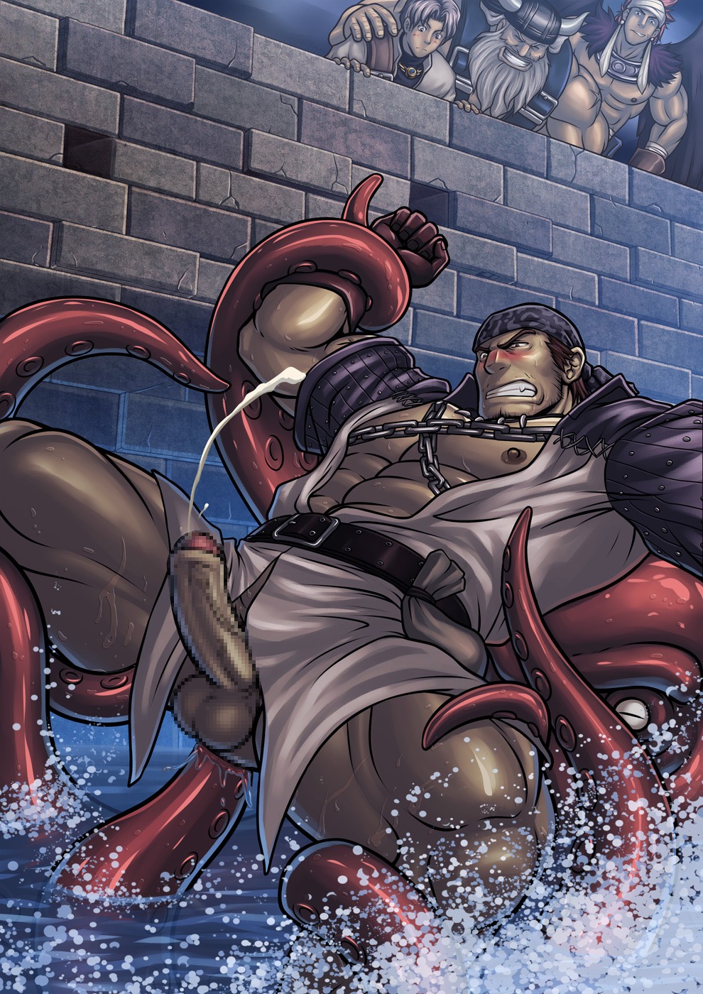 bara beast_tamer_(tactics_ogre) brown_hair censored chains cum highres male male_only muscles octopus_tentacle penis rule34 tactics_ogre tentacle tentacle_on_male watching water yaoi zelo-lee