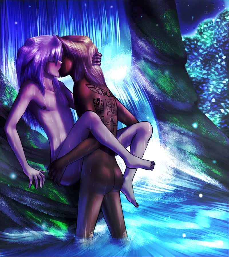 ankh kissing male male_only marik_ishtar rule34 tattoo water waterfall wet yami_bakura yaoi yu-gi-oh!