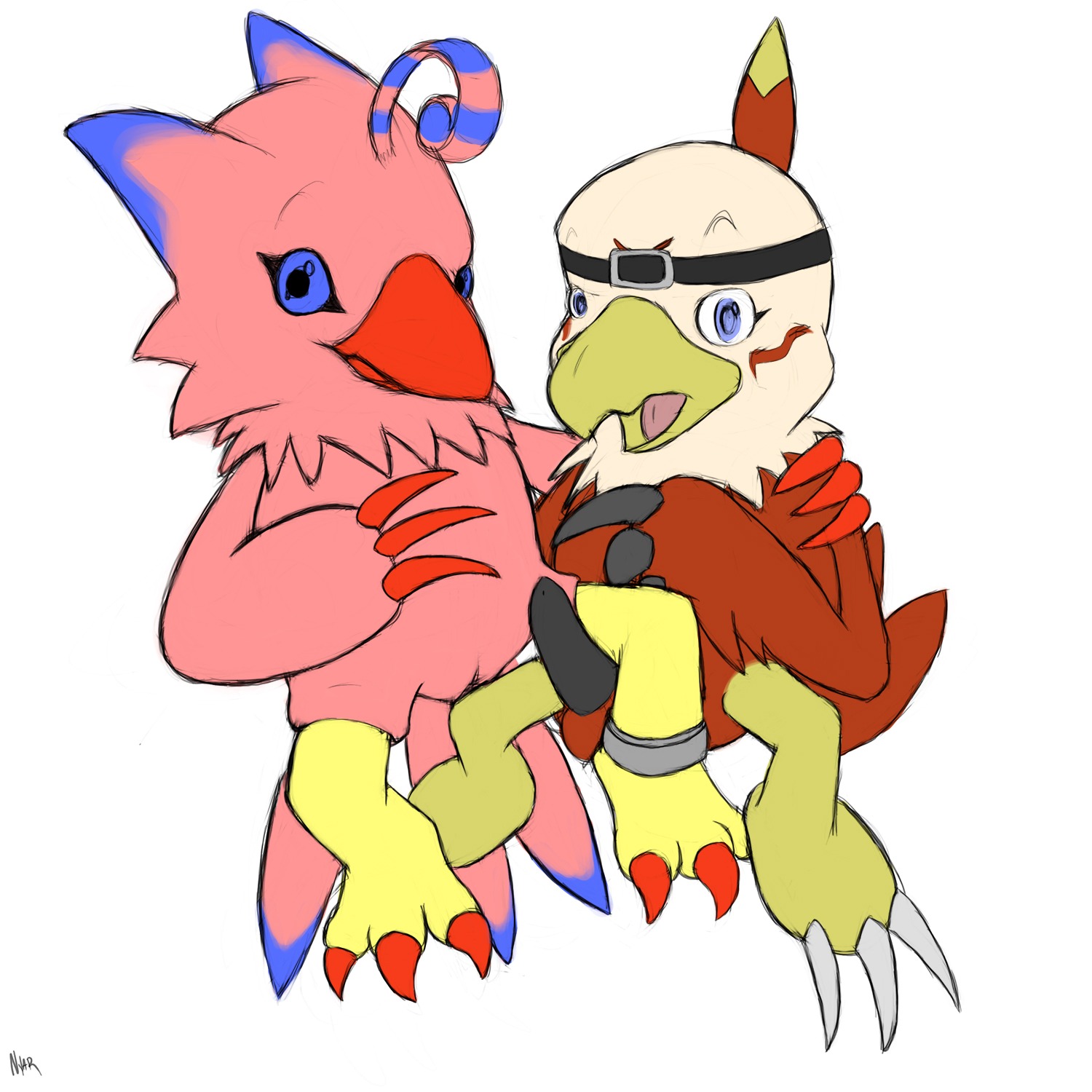 1:1 anthro anthro_on_anthro avian bandai_namco beak bird biyomon blue_eyes blue_sclera claws digimon digimon_(species) digital_media_(artwork) duo e621 erection feathers feet female genitals hawkmon hi_res looking_at_viewer male nyar open_mouth penis semi-anthro simple_background sitting talons toes tongue vulva white_background