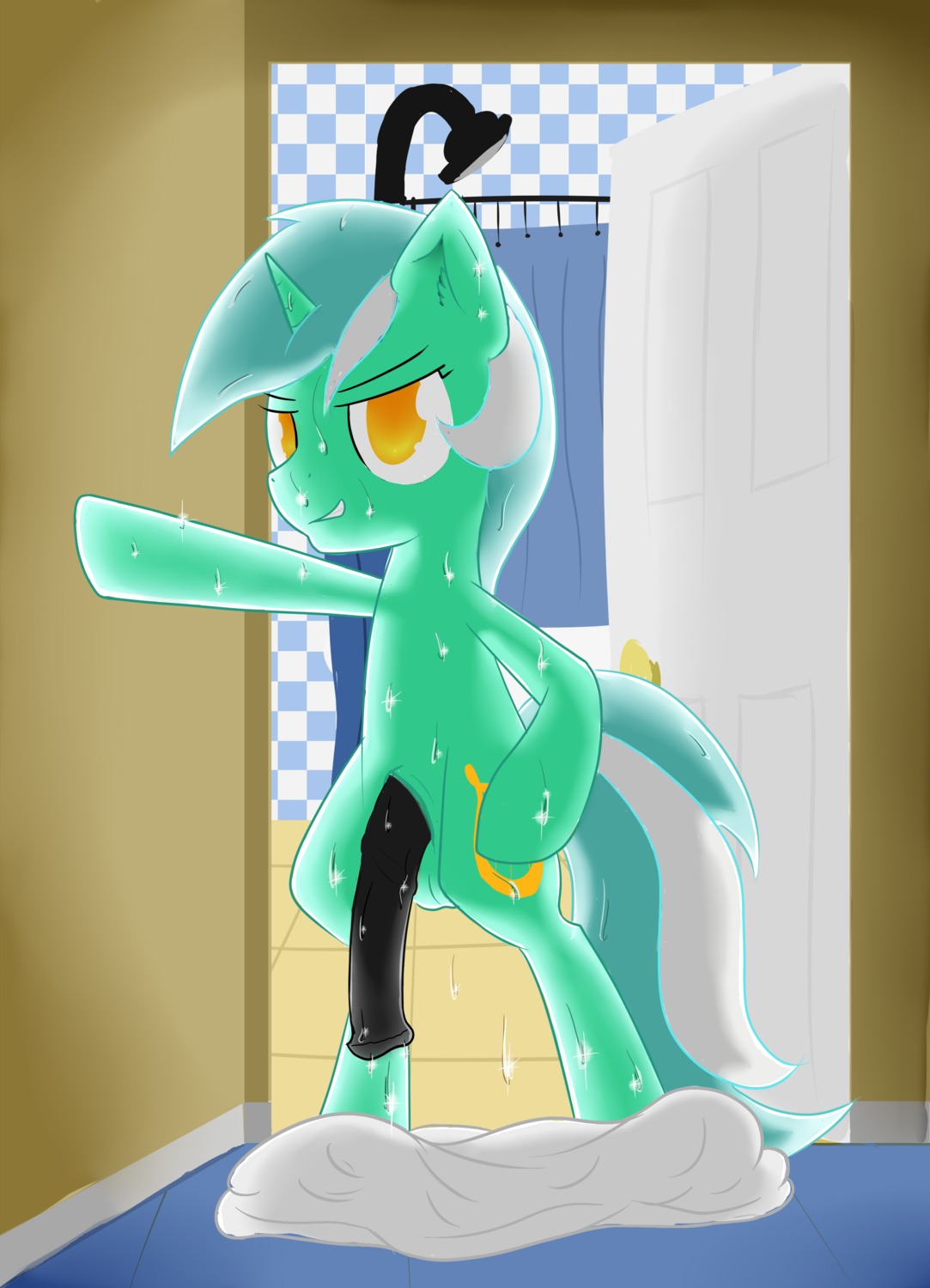 2013 absurd_res crossgender cutie_mark e621 equid equine feral flaccid friendship_is_magic ftm_crossgender fur futaku genitals green_body green_fur hair hasbro hi_res horn looking_at_viewer lyra_heartstrings_(mlp) male mammal multicolored_hair my_little_pony mythological_creature mythological_equine mythology penis solo two_tone_hair unicorn wet yellow_eyes