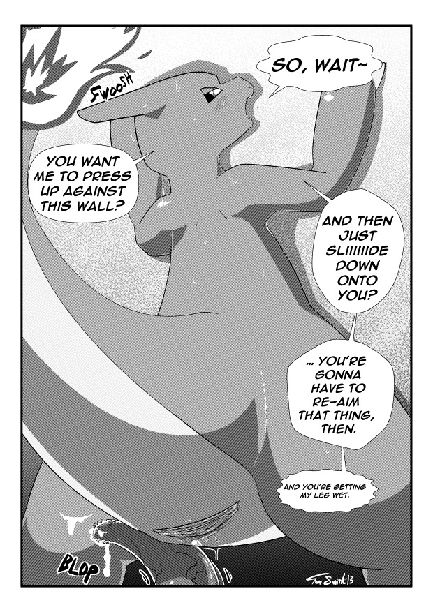 2013 animal_genitalia bodily_fluids border charmeleon cloaca comic conditional_dnp cum duo e621 english_text erection female feral fire flaming_tail generation_1_pokemon genital_fluids genitals greyscale horizontal_cloaca insomniacovrlrd male monochrome nintendo nude penis pokemon pokemon_(species) presenting presenting_cloaca scalie screentone semi-anthro simple_background solo_focus tail tapering_penis text vein white_border