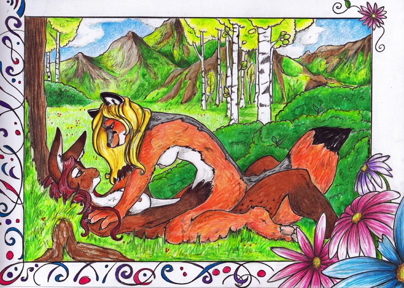 anthro black_body black_fur blonde_hair breasts brown_body brown_eyes brown_fur canid canine chest_tuft claws detailed_background dipstick_tail duo e621 eye_contact feet female female/female forest fox foxene fur hair hindpaw inner_ear_fluff interspecies lagomorph leporid looking_at_another mammal markings multicolored_tail nature nipples nude orange_body orange_fur outside pawpads paws picture_frame plant predator/prey rabbit red_hair romantic romantic_couple side_view smile straddling tail tail_markings toe_claws traditional_media_(artwork) tree tuft white_body white_fur