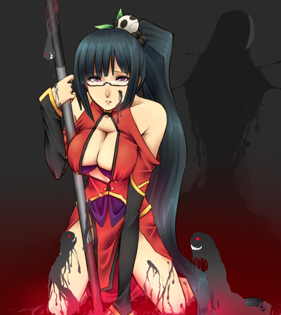 black_hair blazblue breasts cleavage_cutout female glasses imminent_rape kneeling kon_nyaku large_breasts litchi_faye_ling long_hair rule34 slime staff very_long_hair