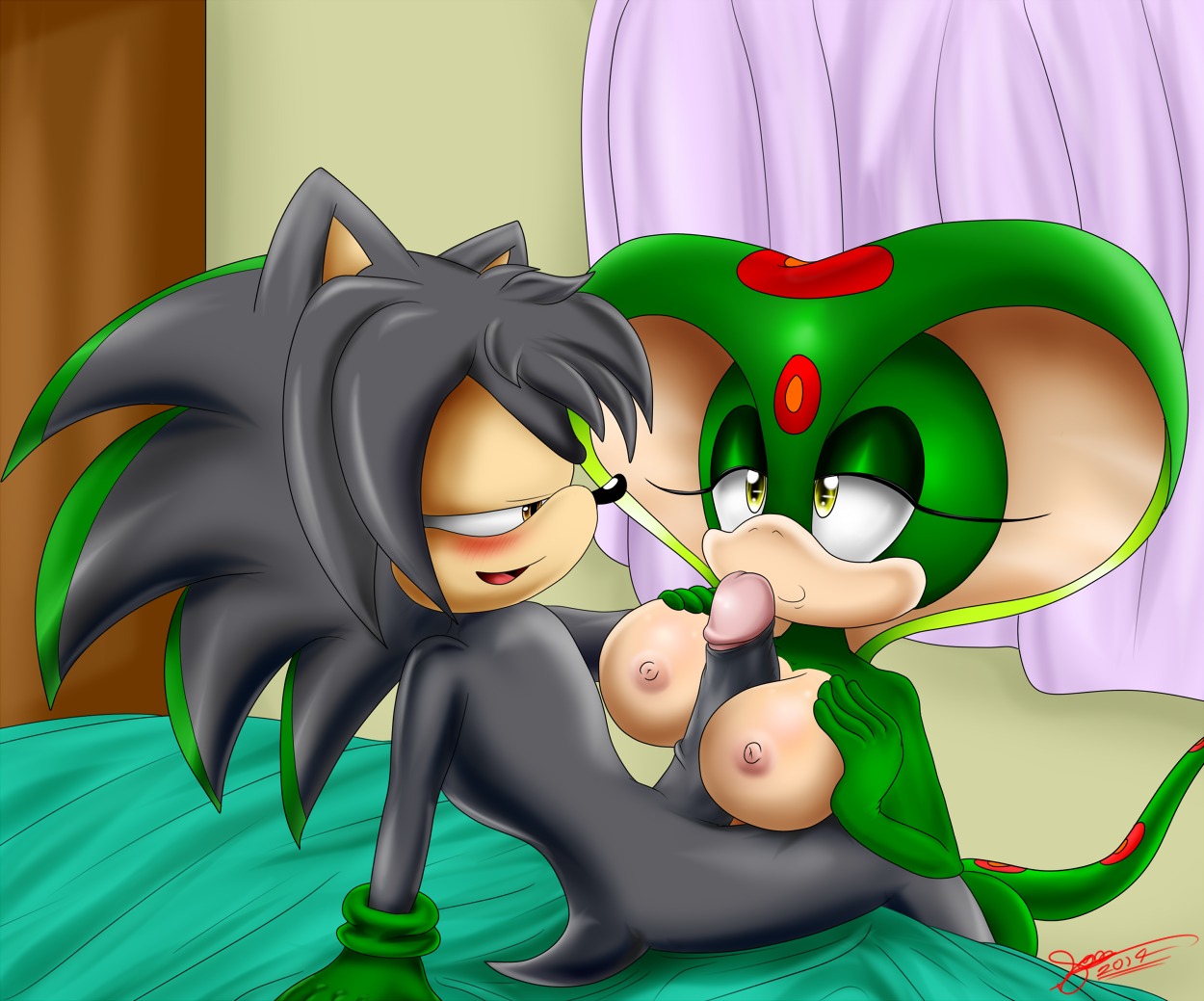 2014 anthro big_breasts bigdon1992 blush breast_play breasts cobra duo e621 erection eulipotyphlan fan_character female genitals hedgehog interspecies male male/female mammal mystic_the_cobra nero_(neroth) nipples nude penis reptile scalie sega sex smile snake snake_hood sonic_the_hedgehog_(series) titfuck