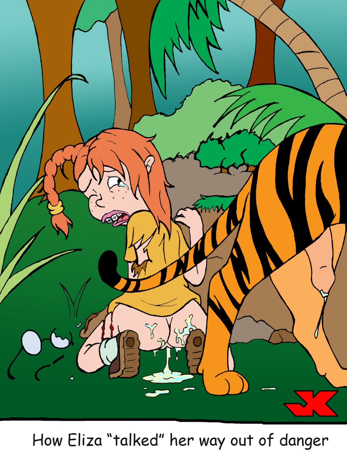 after_rape after_sex ass blood braces clothing color comic_sans cum cum_drip cum_inside cum_on_ass cum_pool eliza_thornberry female freckles hair interspecies jk male penis rape rule34 tears teeth tiger torn_clothes wild_thornberrys zoophilia